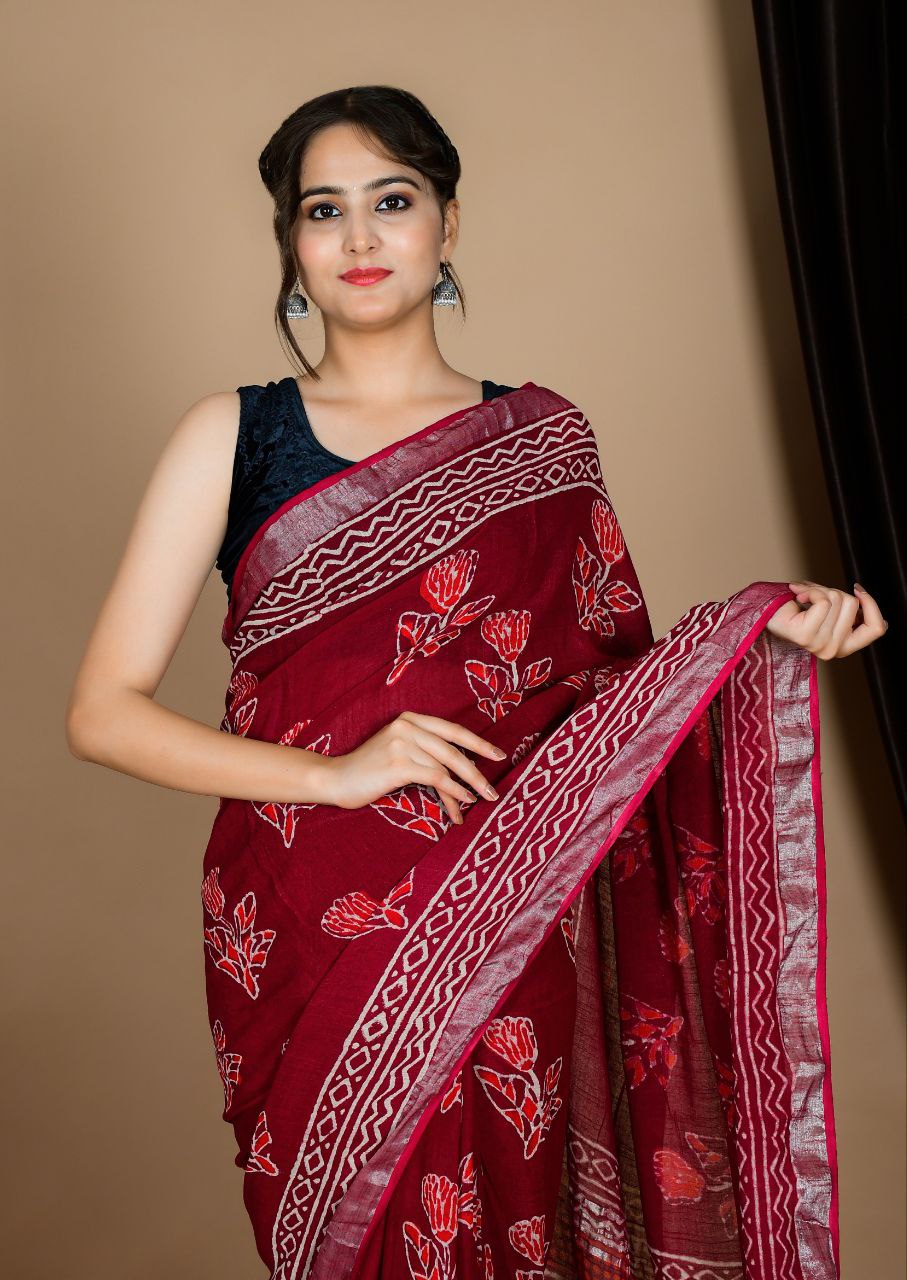 Saree – Soft Cotton Premium Linen Zari Red Print – L8