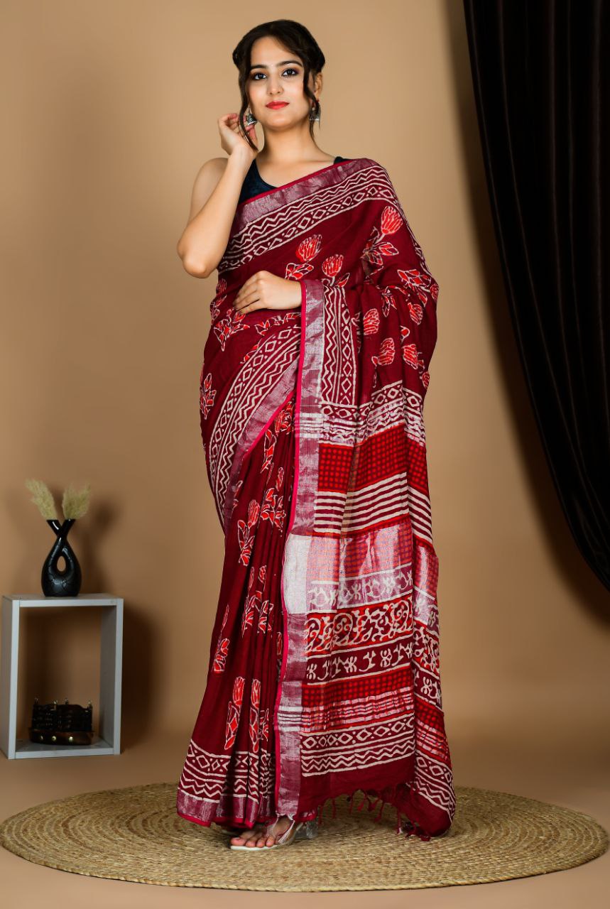 Saree – Soft Cotton Premium Linen Zari Red Print – L8