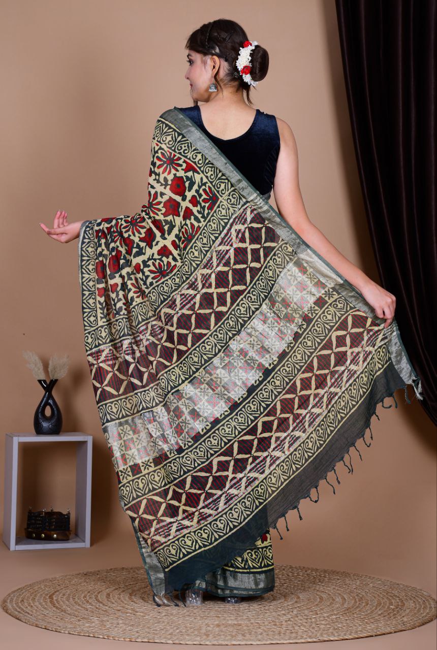Saree – Soft Cotton Premium Linen Zari Chutney Green – L8