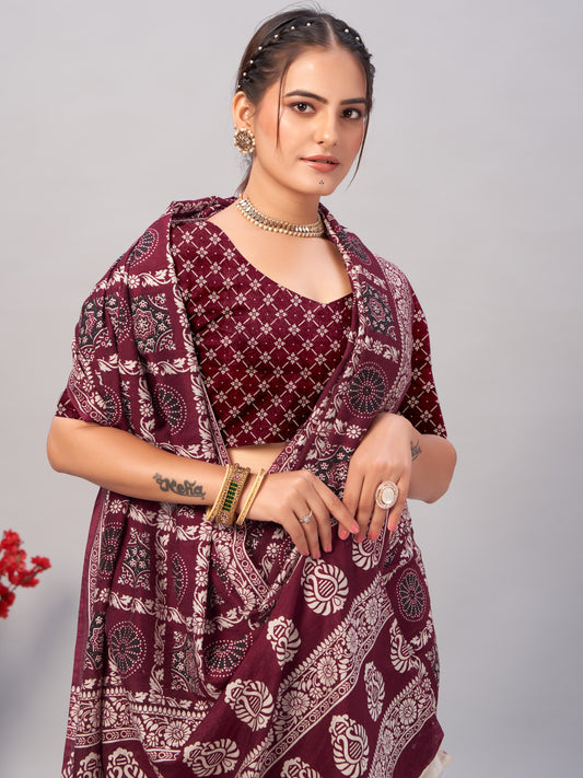 Saree - Soft Cotton Ajarakh Print Wine Maroon - D1