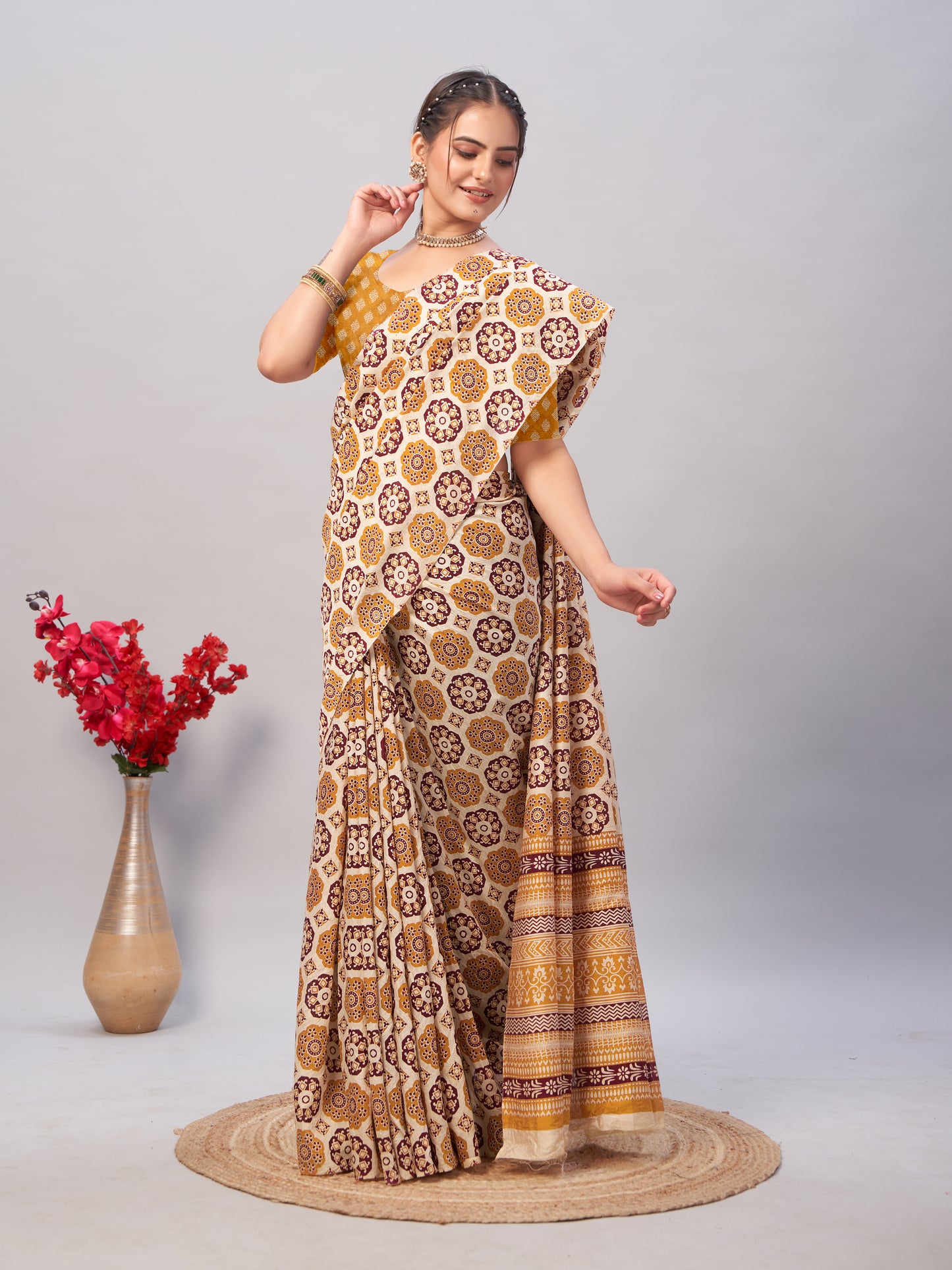 Saree – Soft Cotton Ajrakh Print Yellow (Different Motif) - D10