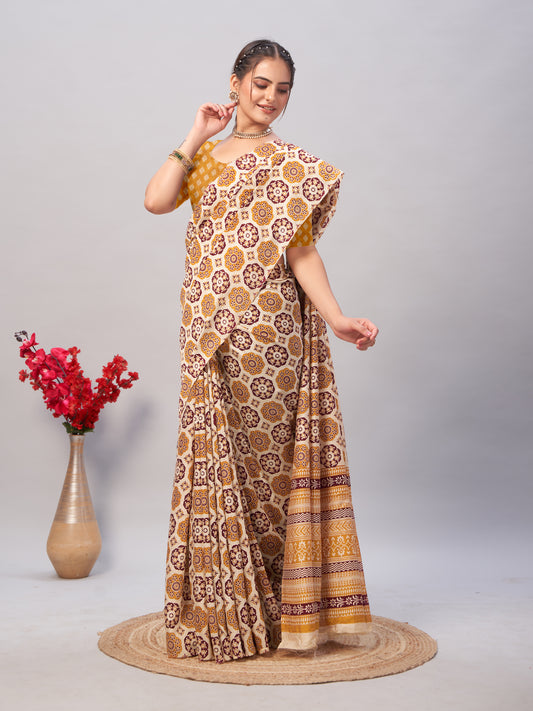 Saree – Soft Cotton Ajrakh Print Yellow (Different Motif) - D10