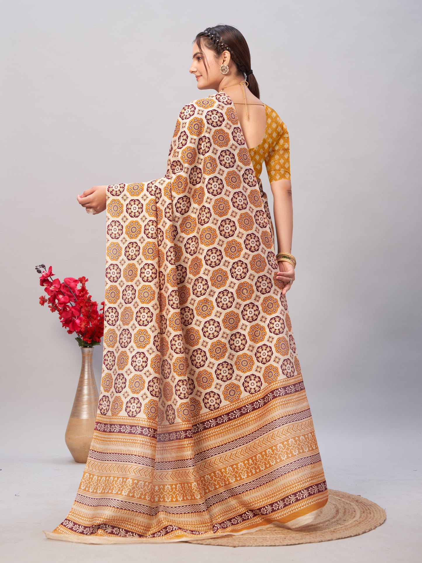 Saree – Soft Cotton Ajrakh Print Yellow (Different Motif) - D10