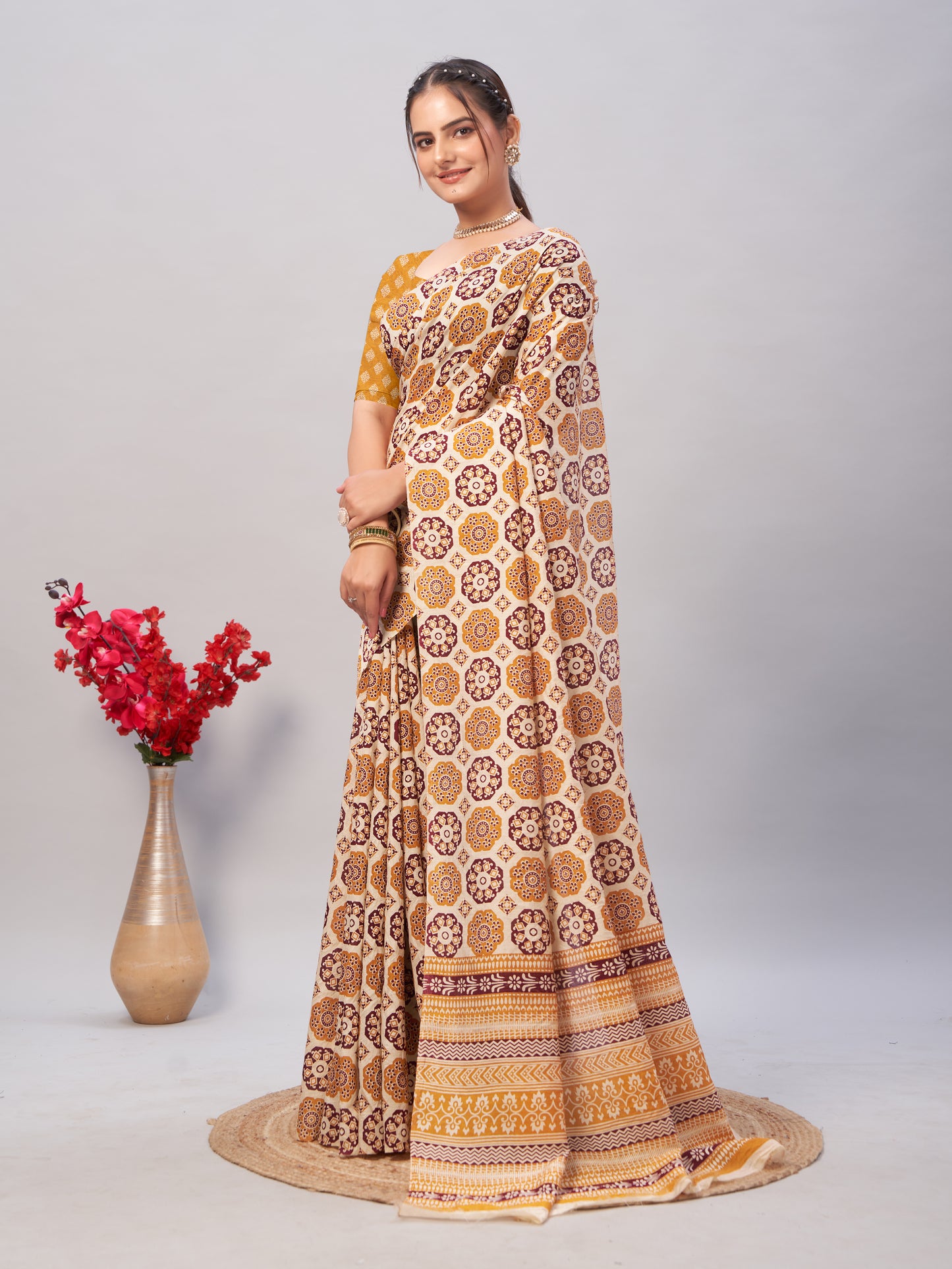 Saree – Soft Cotton Ajrakh Print Yellow (Different Motif) - D10