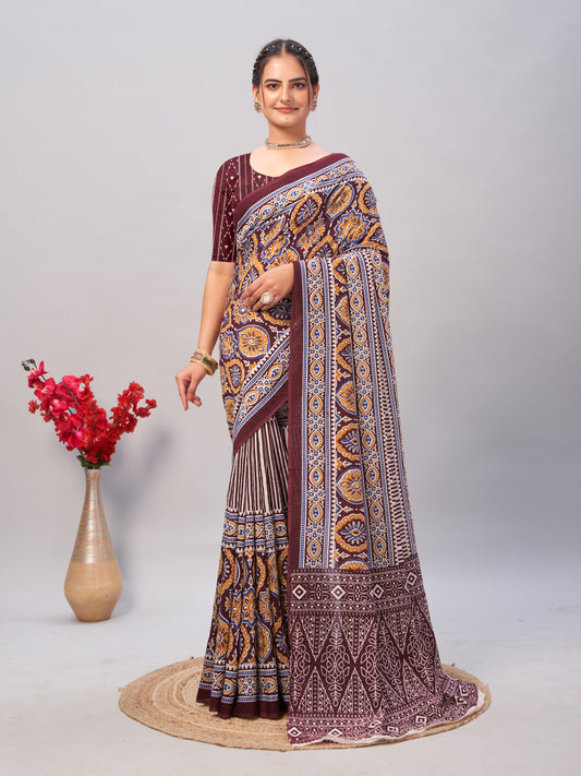 Saree – Soft Cotton Ajrakh Print Brown - D13