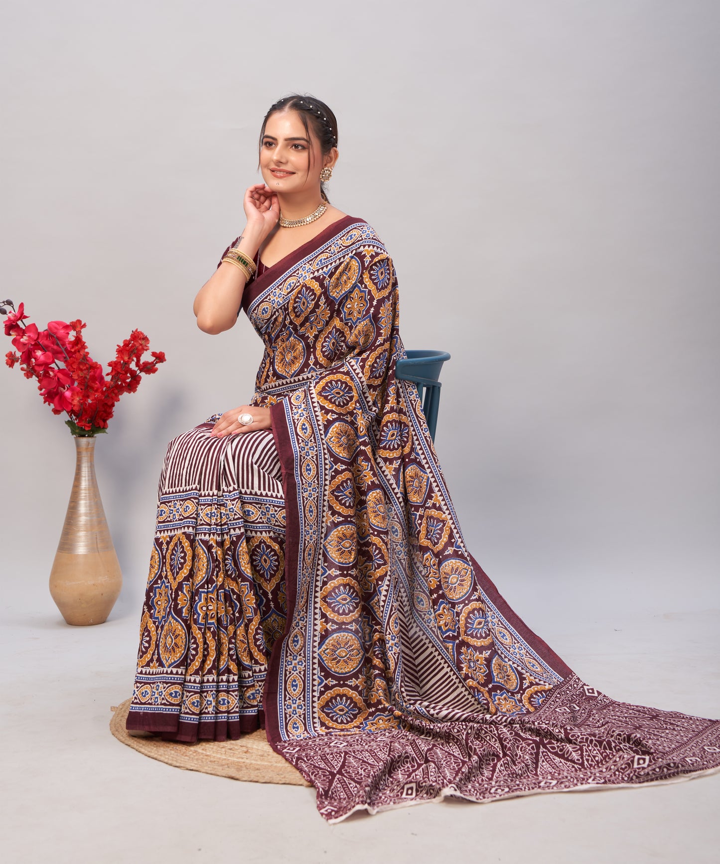 Saree – Soft Cotton Ajrakh Print Brown - D13