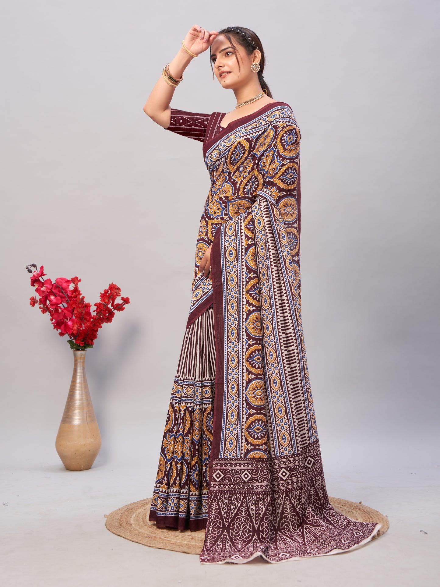 Saree – Soft Cotton Ajrakh Print Brown - D13