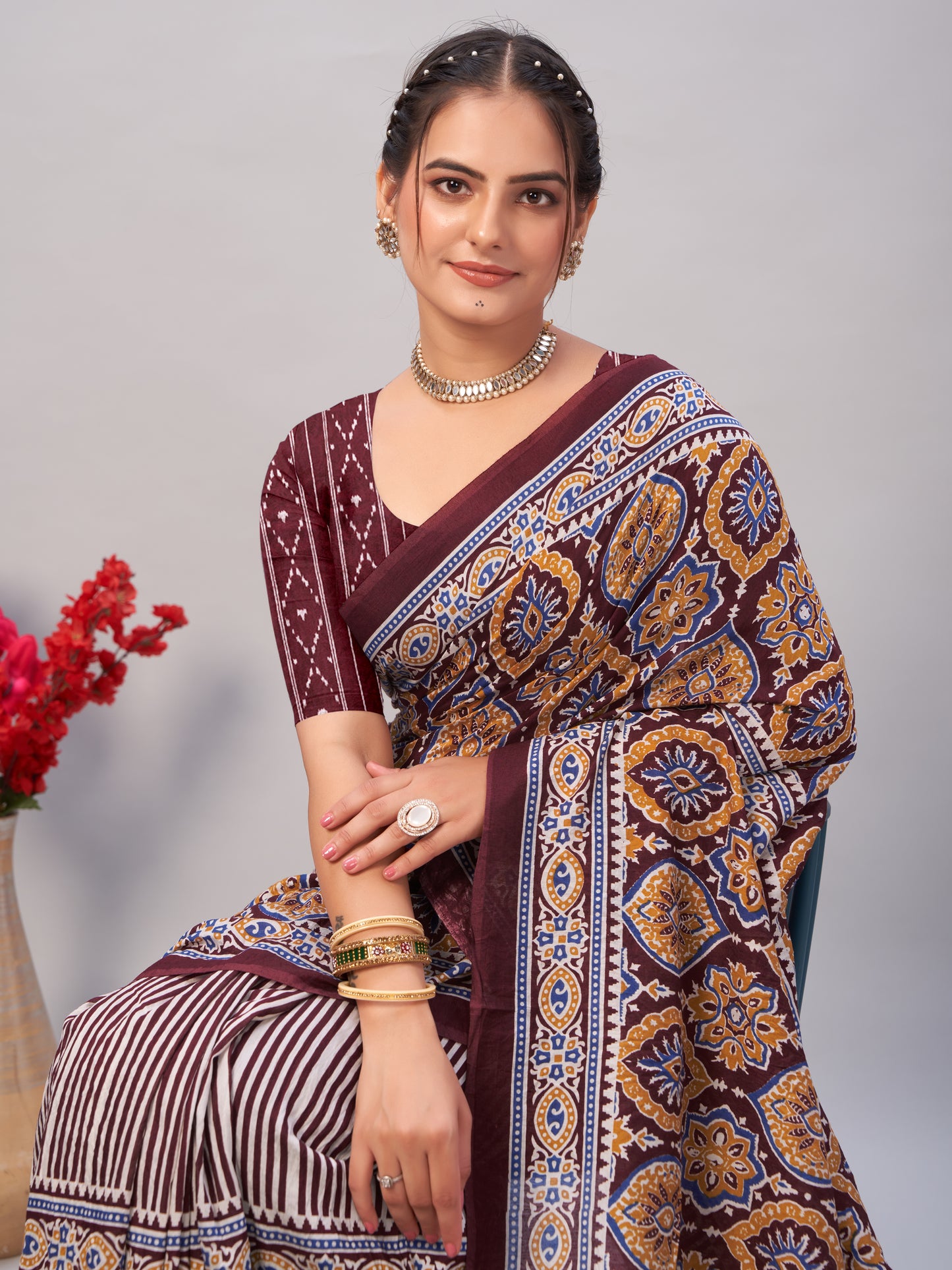 Saree – Soft Cotton Ajrakh Print Brown - D13