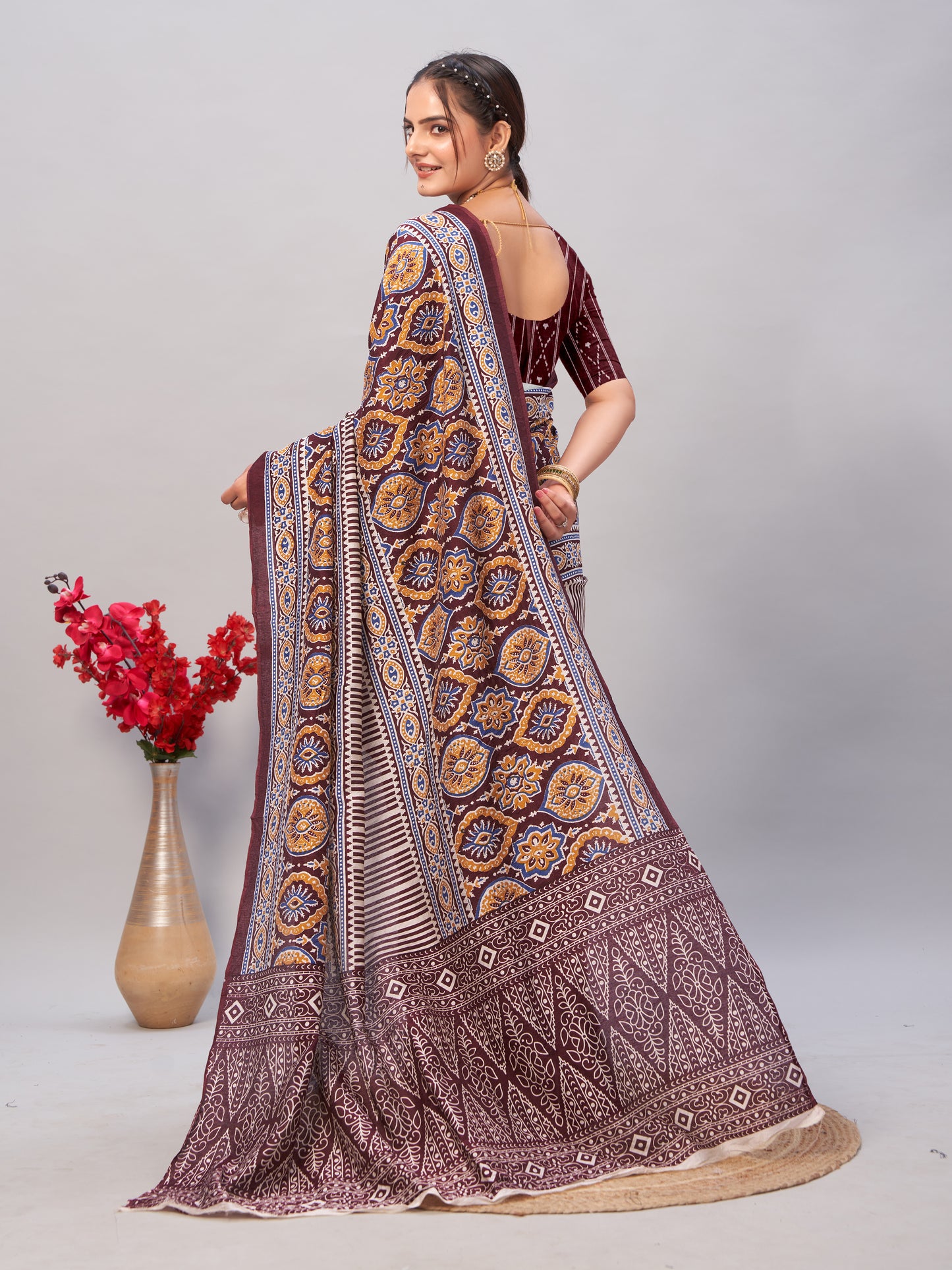 Saree – Soft Cotton Ajrakh Print Brown - D13