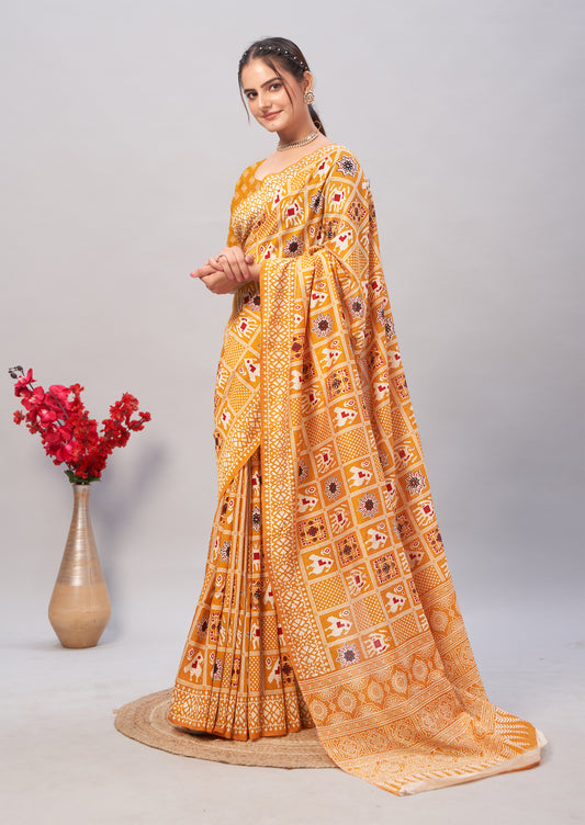 Saree – Soft Cotton Ajrakh Print Yellow (Different Motif) - D14