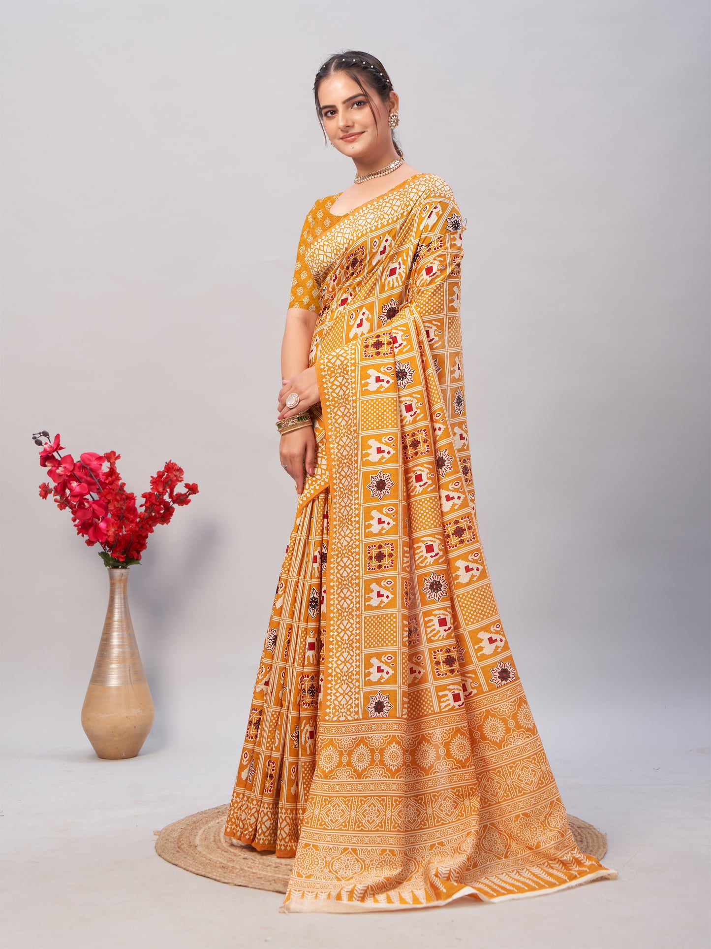 Saree – Soft Cotton Ajrakh Print Yellow (Different Motif) - D14