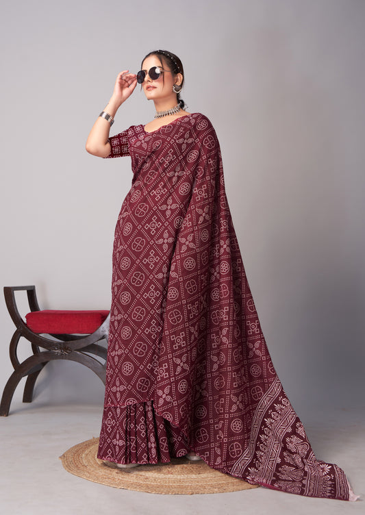 Saree – Soft Cotton Ajrakh Print Dark Maroon (Different Motif) - D15