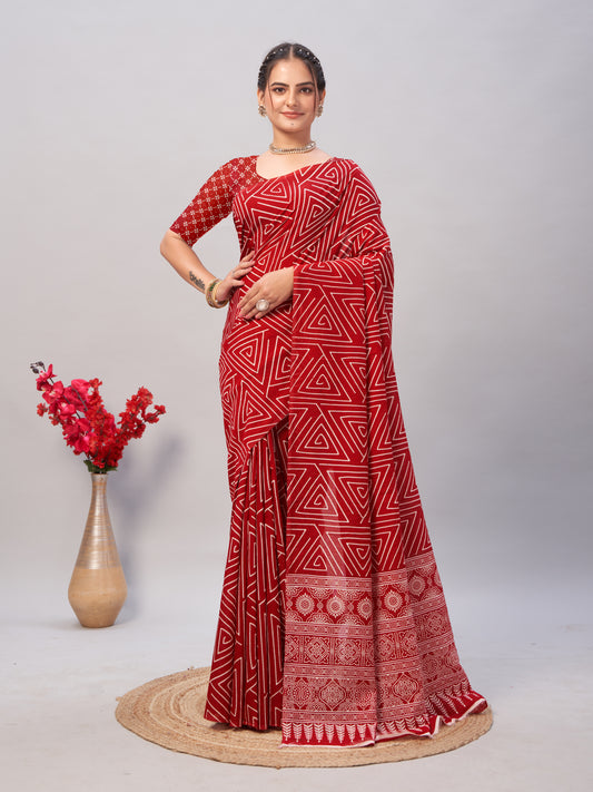 Saree – Soft Cotton Ajrakh Print Red (Different Motif) - D16