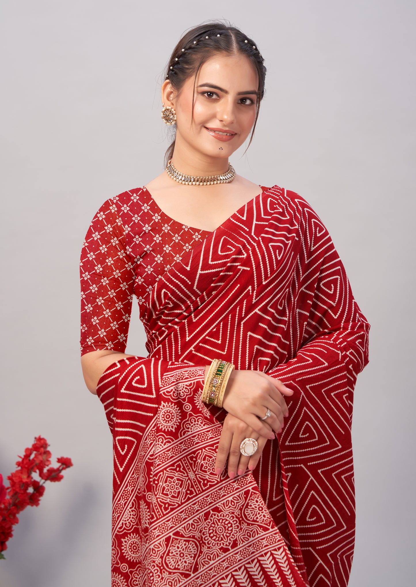 Saree – Soft Cotton Ajrakh Print Red (Different Motif) - D16