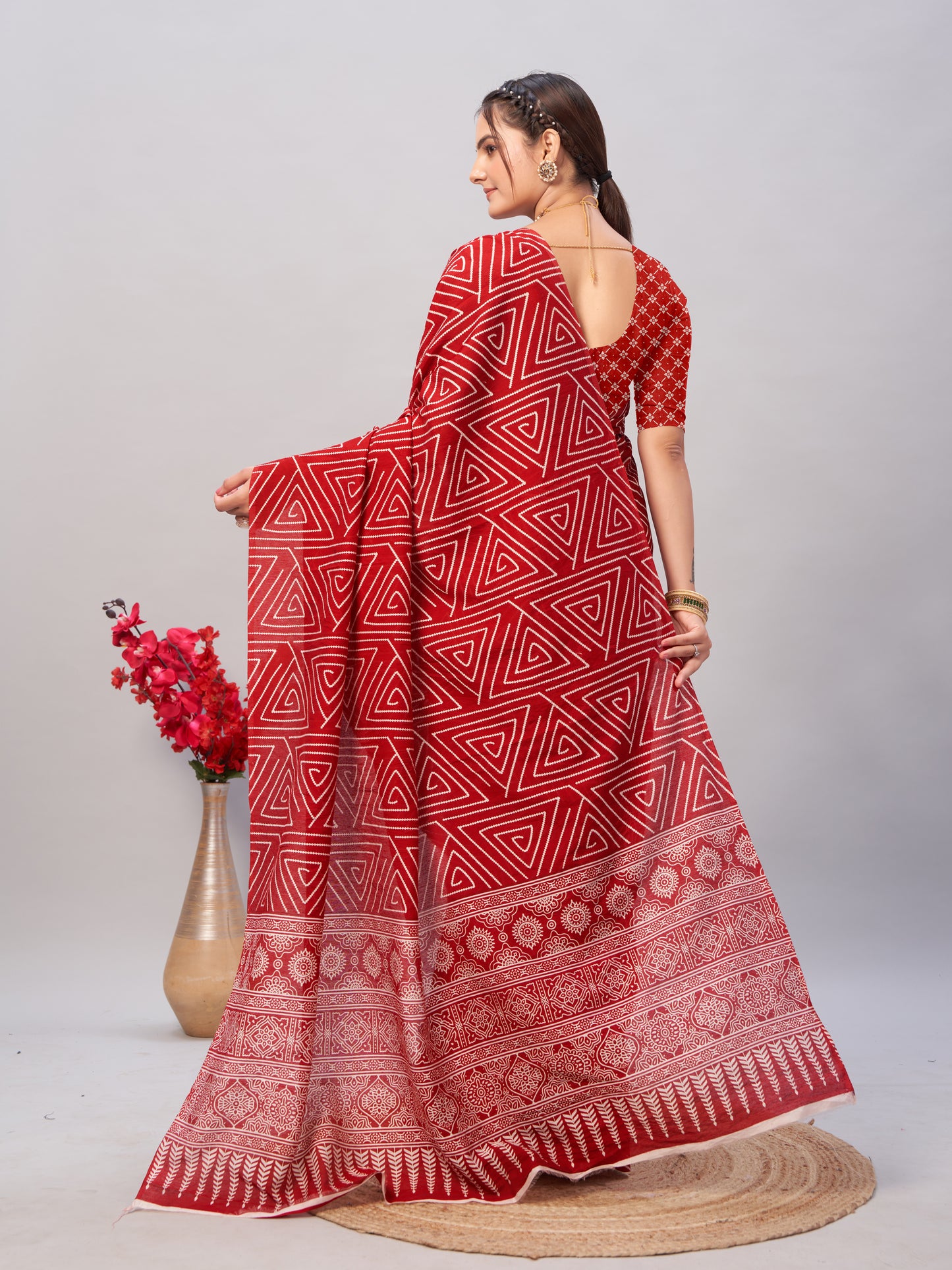 Saree – Soft Cotton Ajrakh Print Red (Different Motif) - D16