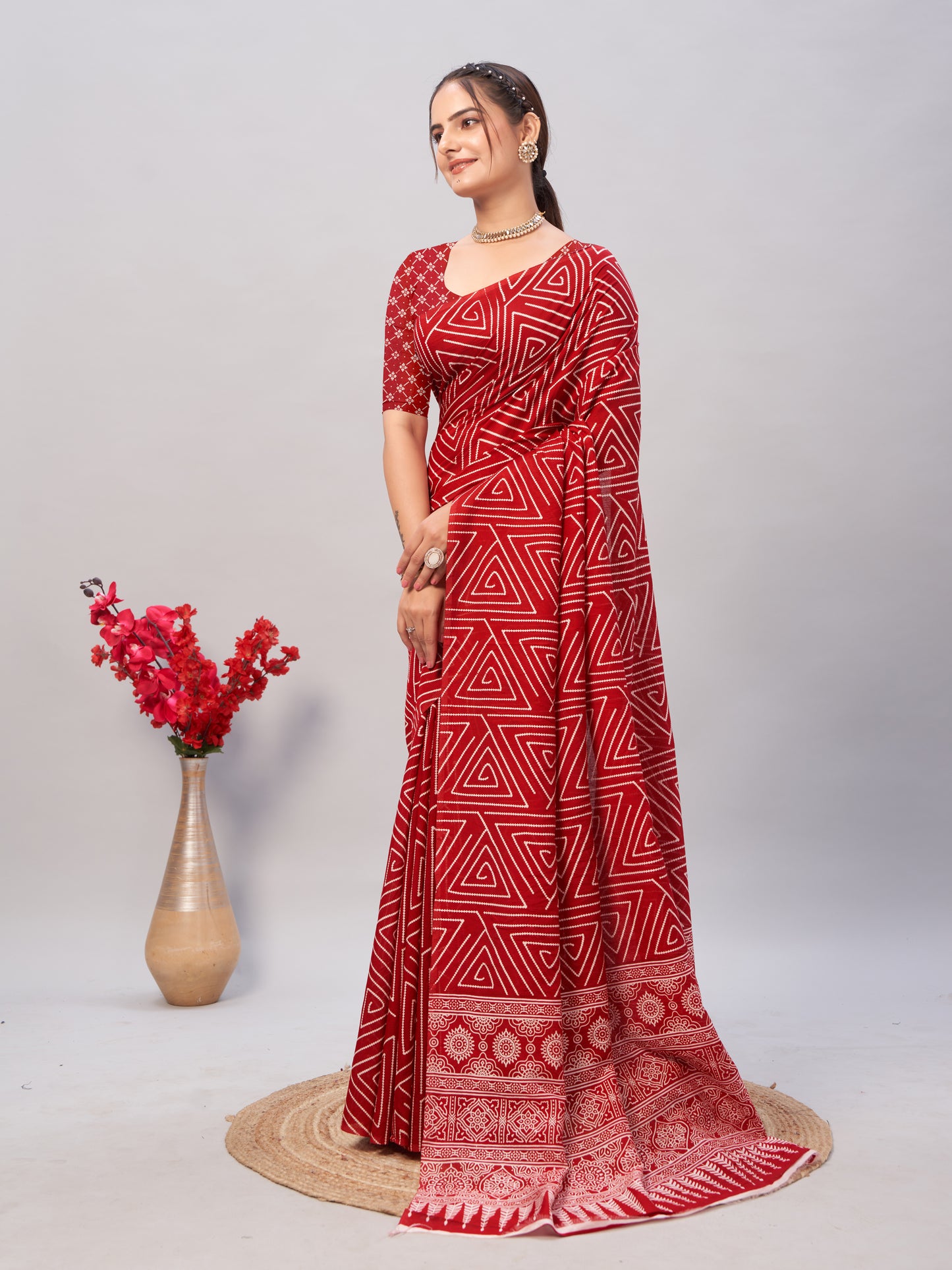 Saree – Soft Cotton Ajrakh Print Red (Different Motif) - D16