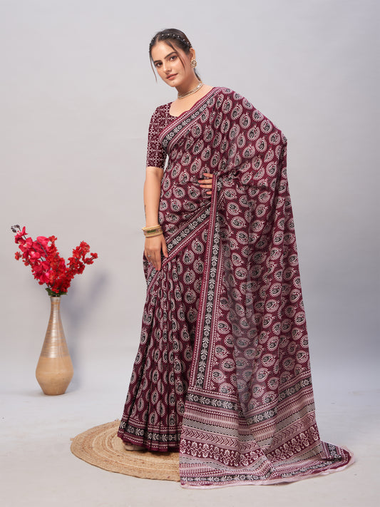 Saree – Soft Cotton Ajrakh Print Dark Maroon (Different Motif) - D17
