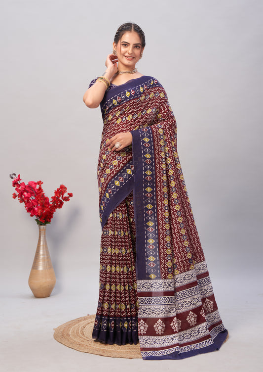 Saree – Soft Cotton Ajrakh Print Dark Purple Blue (Different Motif) - D18