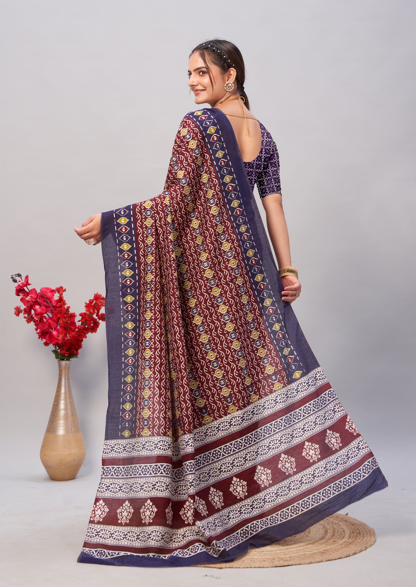 Saree – Soft Cotton Ajrakh Print Dark Purple Blue (Different Motif) - D18