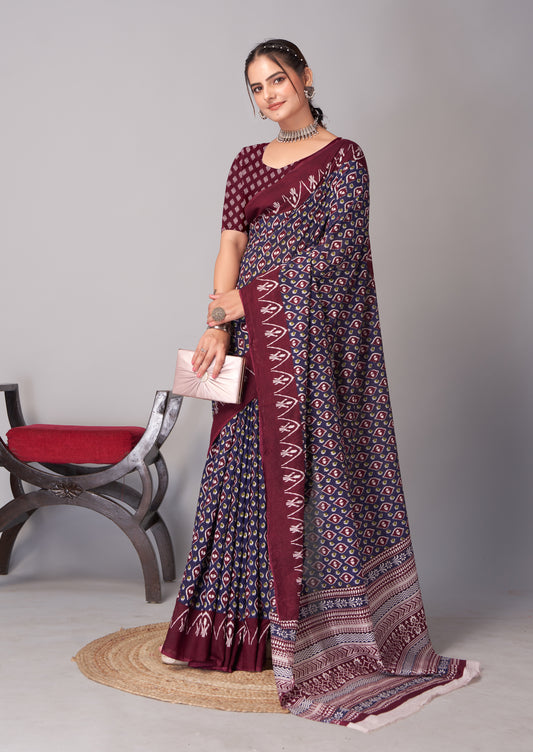Saree – Soft Cotton Ajrakh Print Maroon Blue (Different Motif) - D19