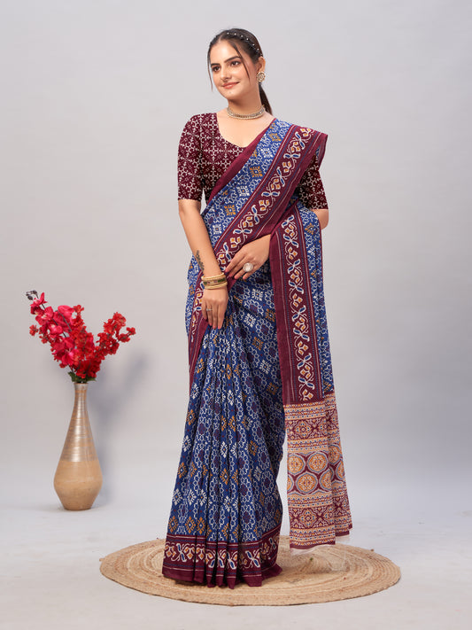 Saree - Soft Cotton Ajrakh Print Blue - D2