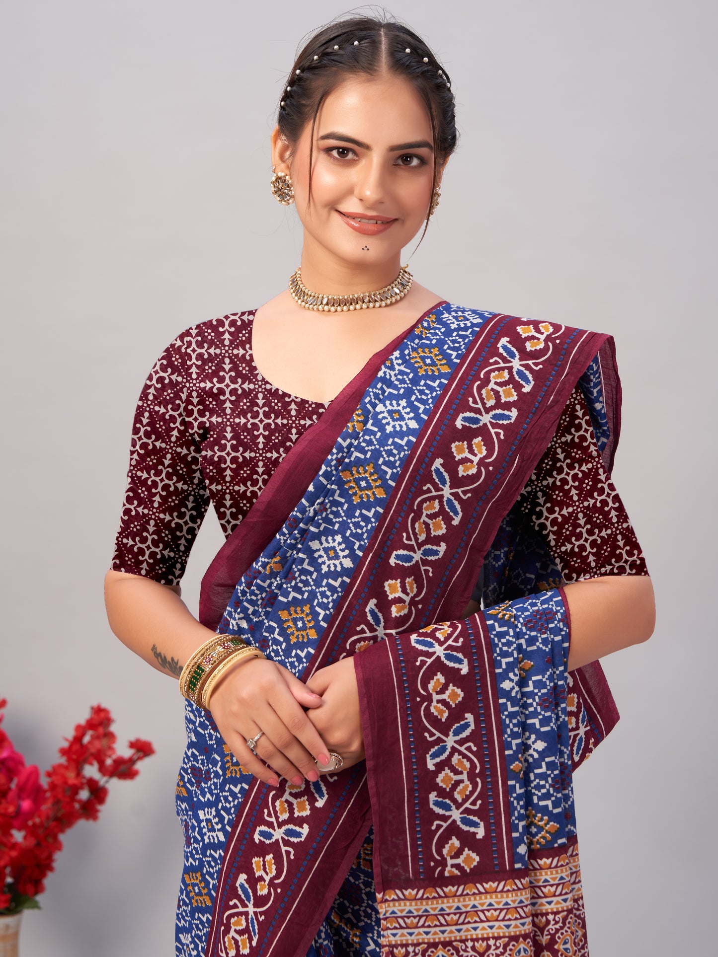 Saree - Soft Cotton Ajrakh Print Blue - D2