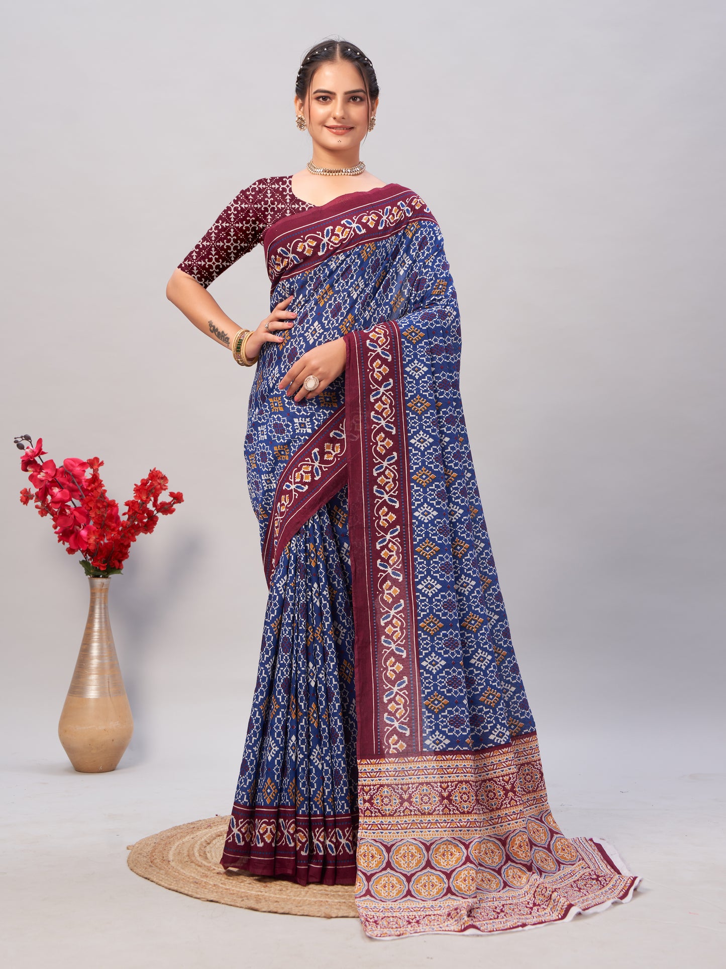 Saree - Soft Cotton Ajrakh Print Blue - D2