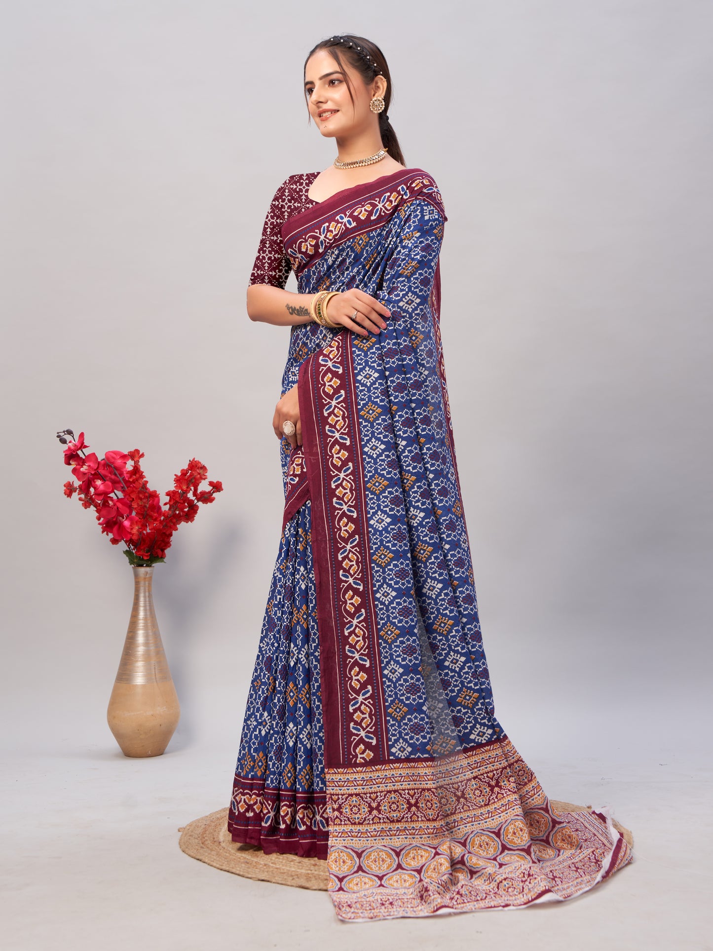 Saree - Soft Cotton Ajrakh Print Blue - D2