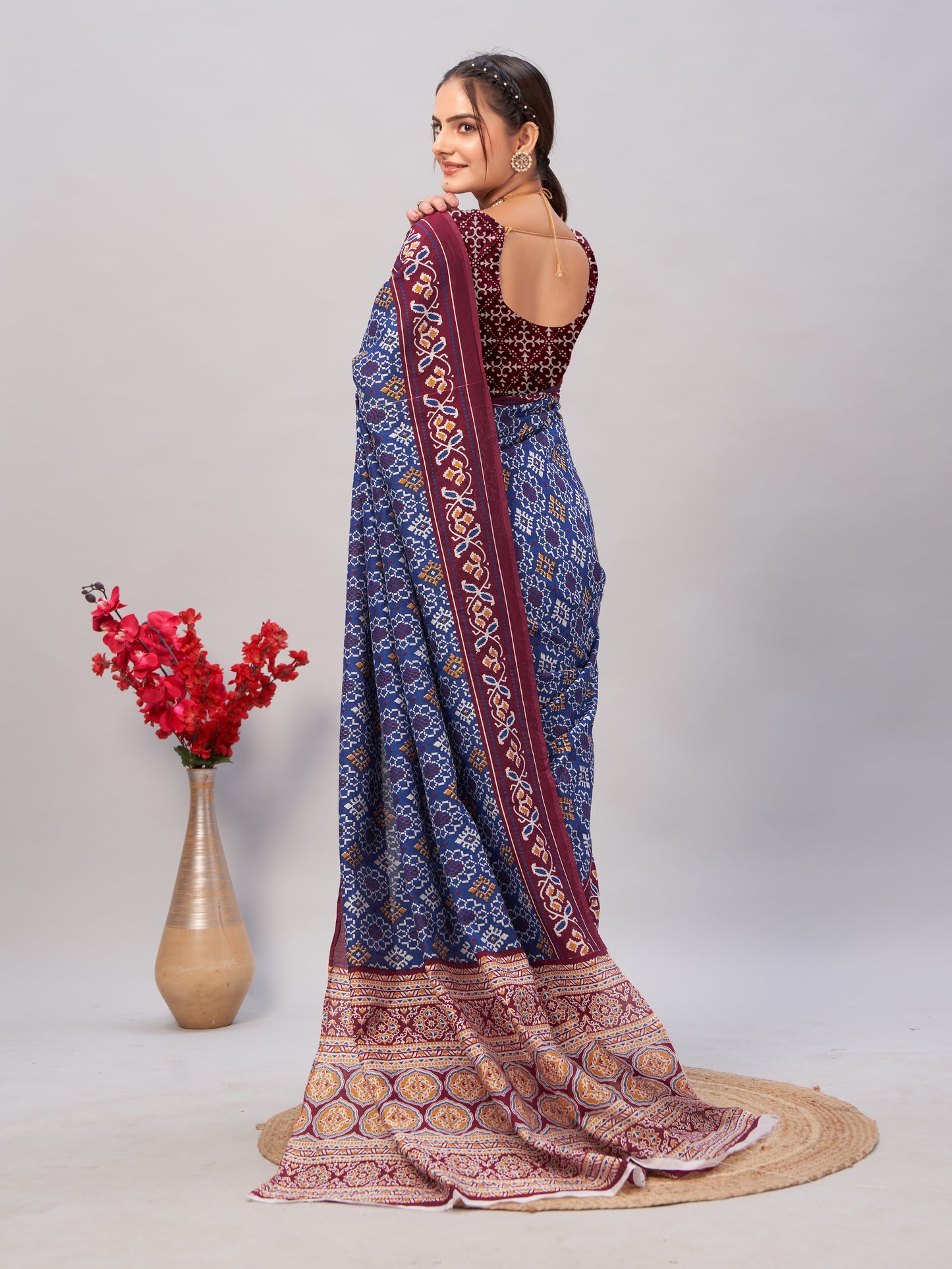 Saree - Soft Cotton Ajrakh Print Blue - D2