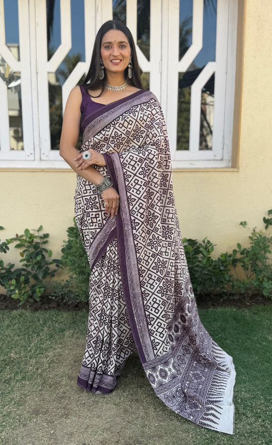 Saree – Soft Cotton Ajrakh Print Cream White with Purple Print - D20