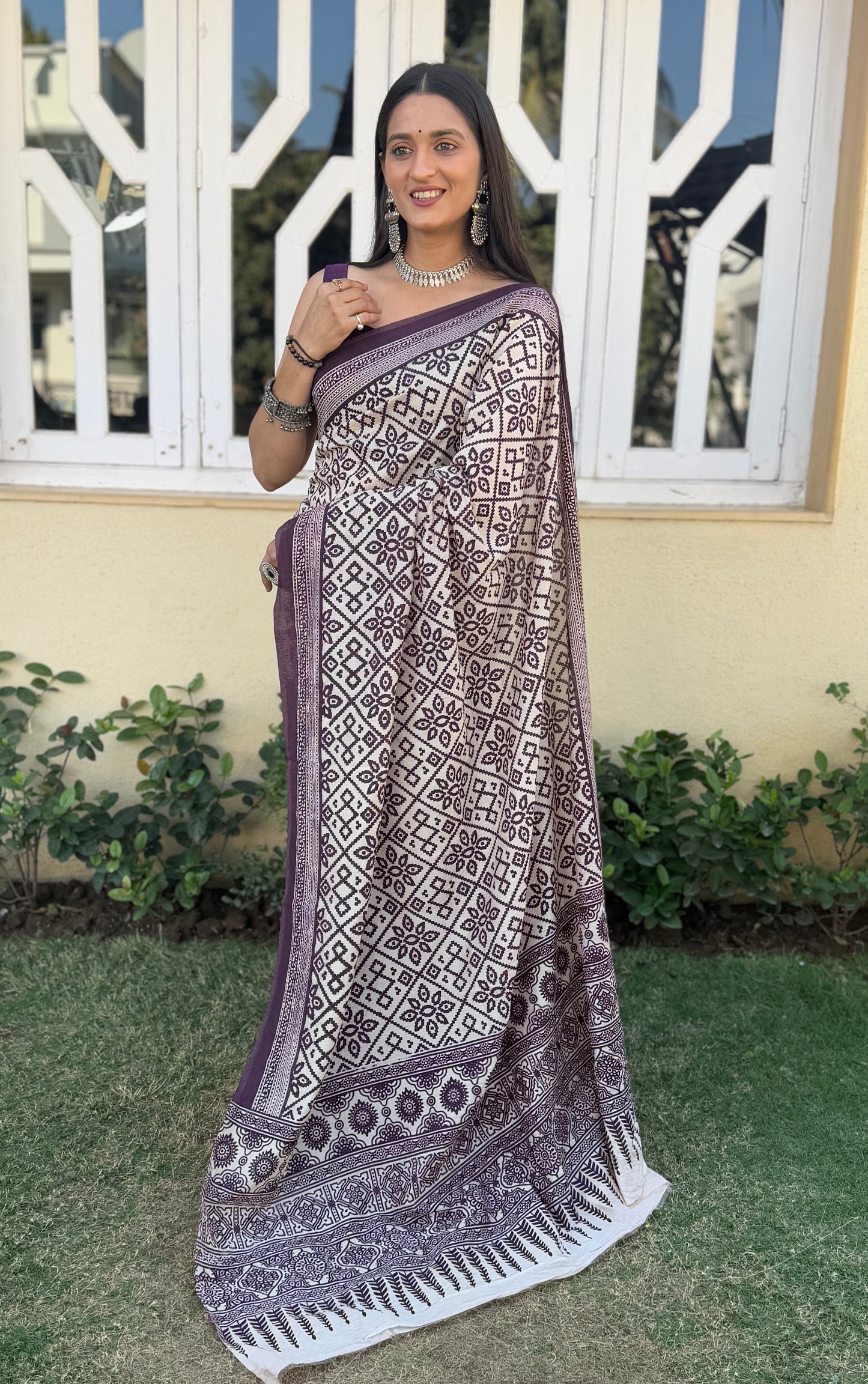Saree – Soft Cotton Ajrakh Print Cream White with Purple Print - D20