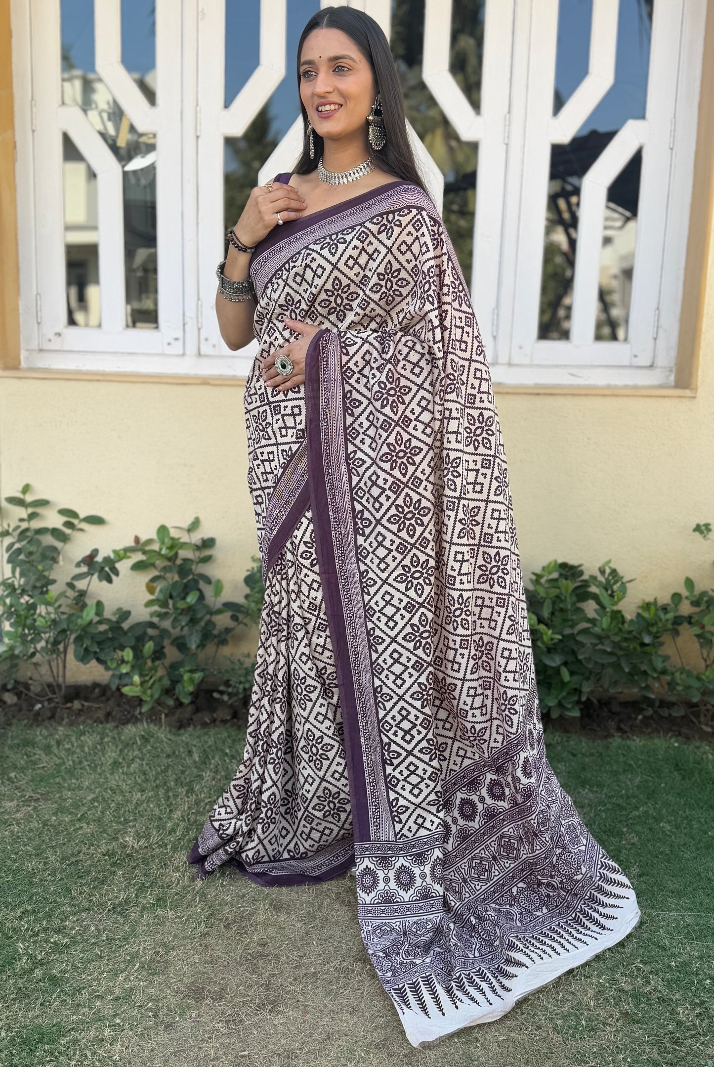 Saree – Soft Cotton Ajrakh Print Cream White with Purple Print - D20