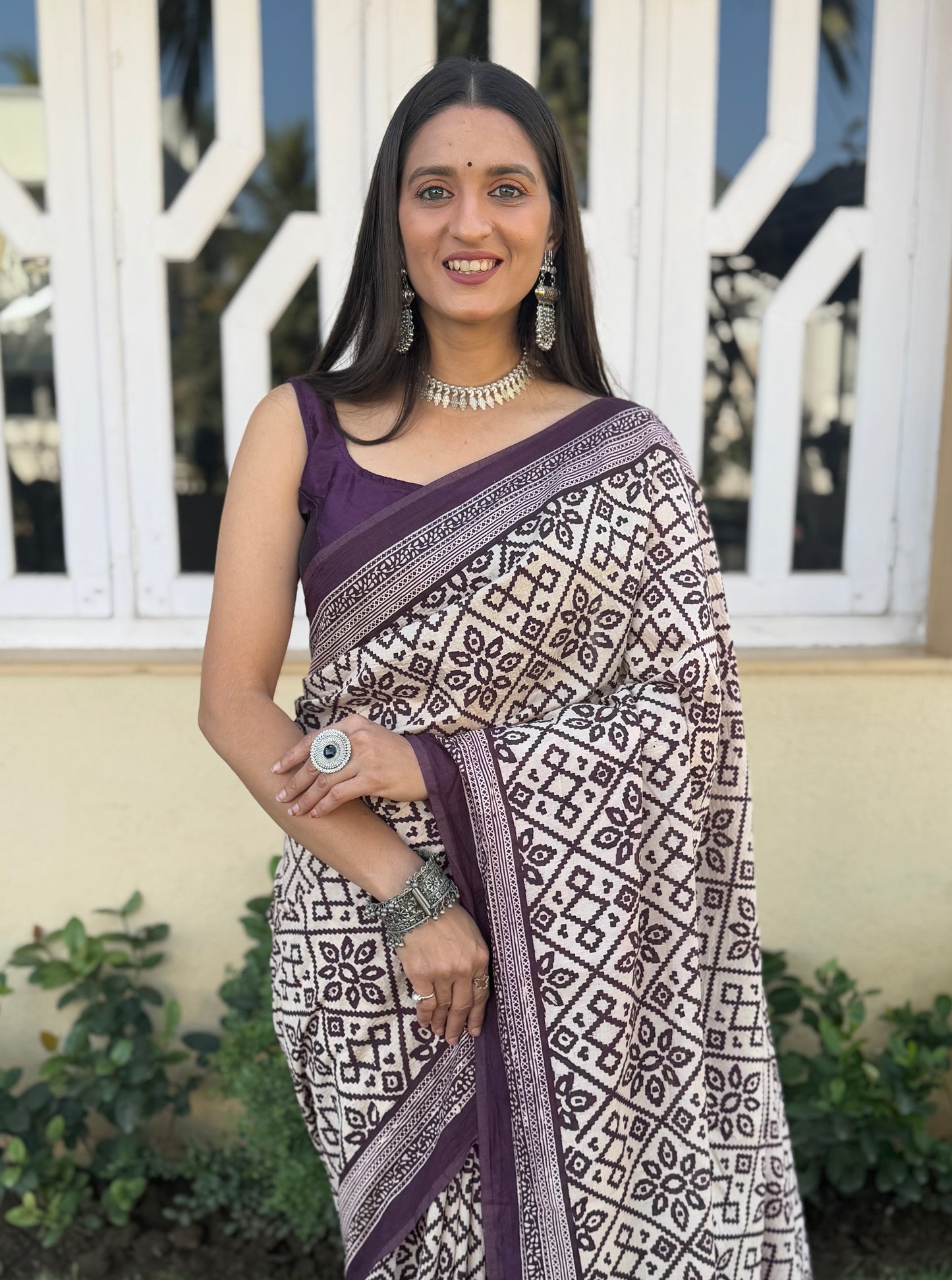Saree – Soft Cotton Ajrakh Print Cream White with Purple Print - D20