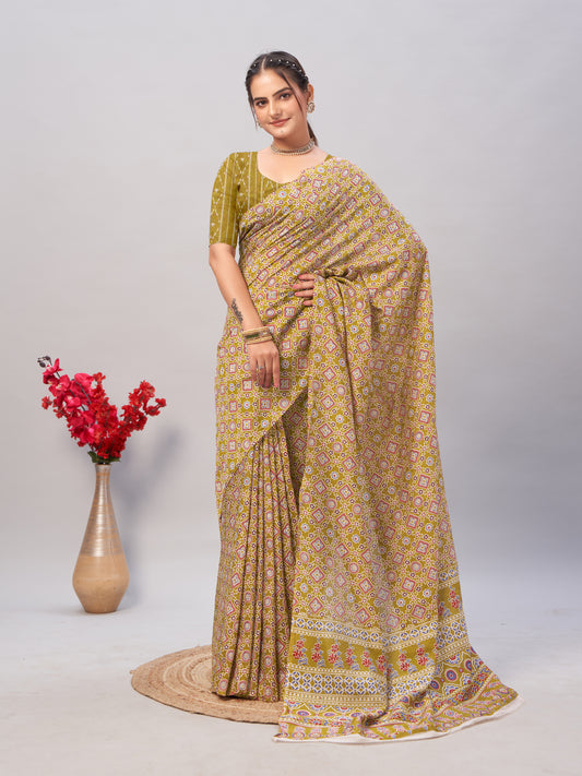 Saree – Soft Cotton Ajrakh Print Poster Yellow - D3