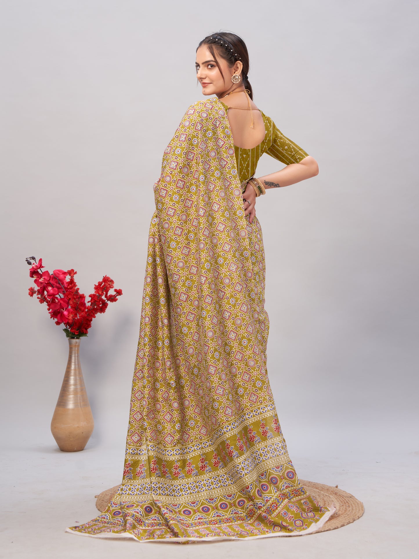 Saree – Soft Cotton Ajrakh Print Poster Yellow - D3