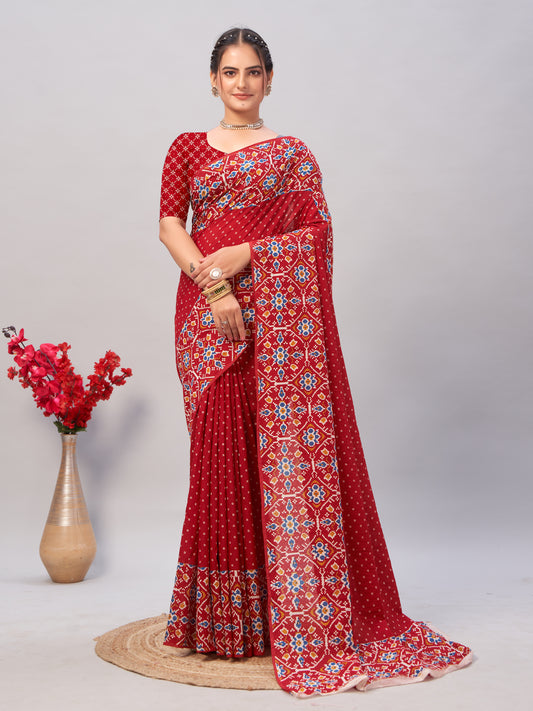 Saree – Soft Cotton Ajrakh Print Red - D4