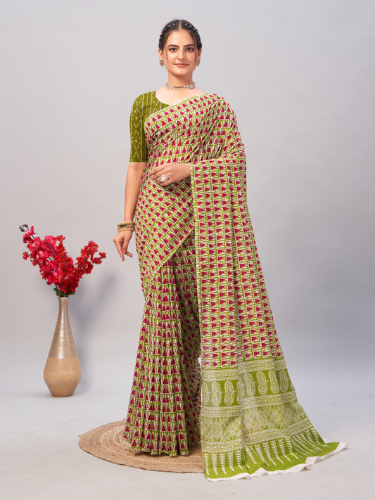 Saree – Soft Cotton Ajrakh Print Green - D5