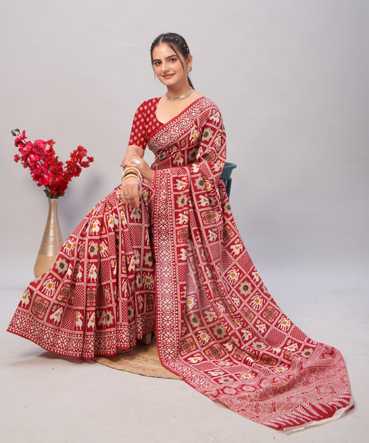 Saree – Soft Cotton Ajrakh Print Red (Different Motif) - D6