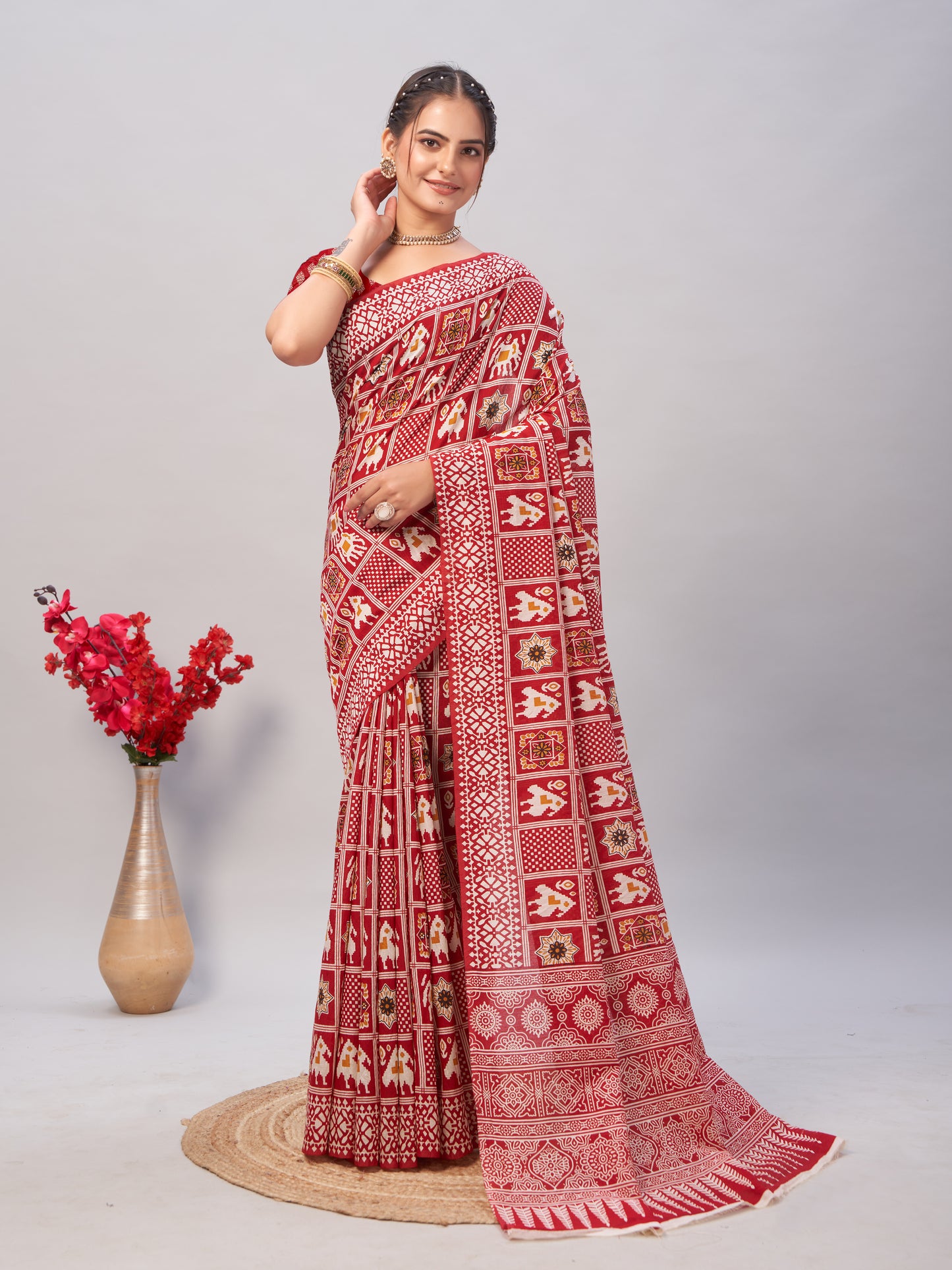 Saree – Soft Cotton Ajrakh Print Red (Different Motif) - D6