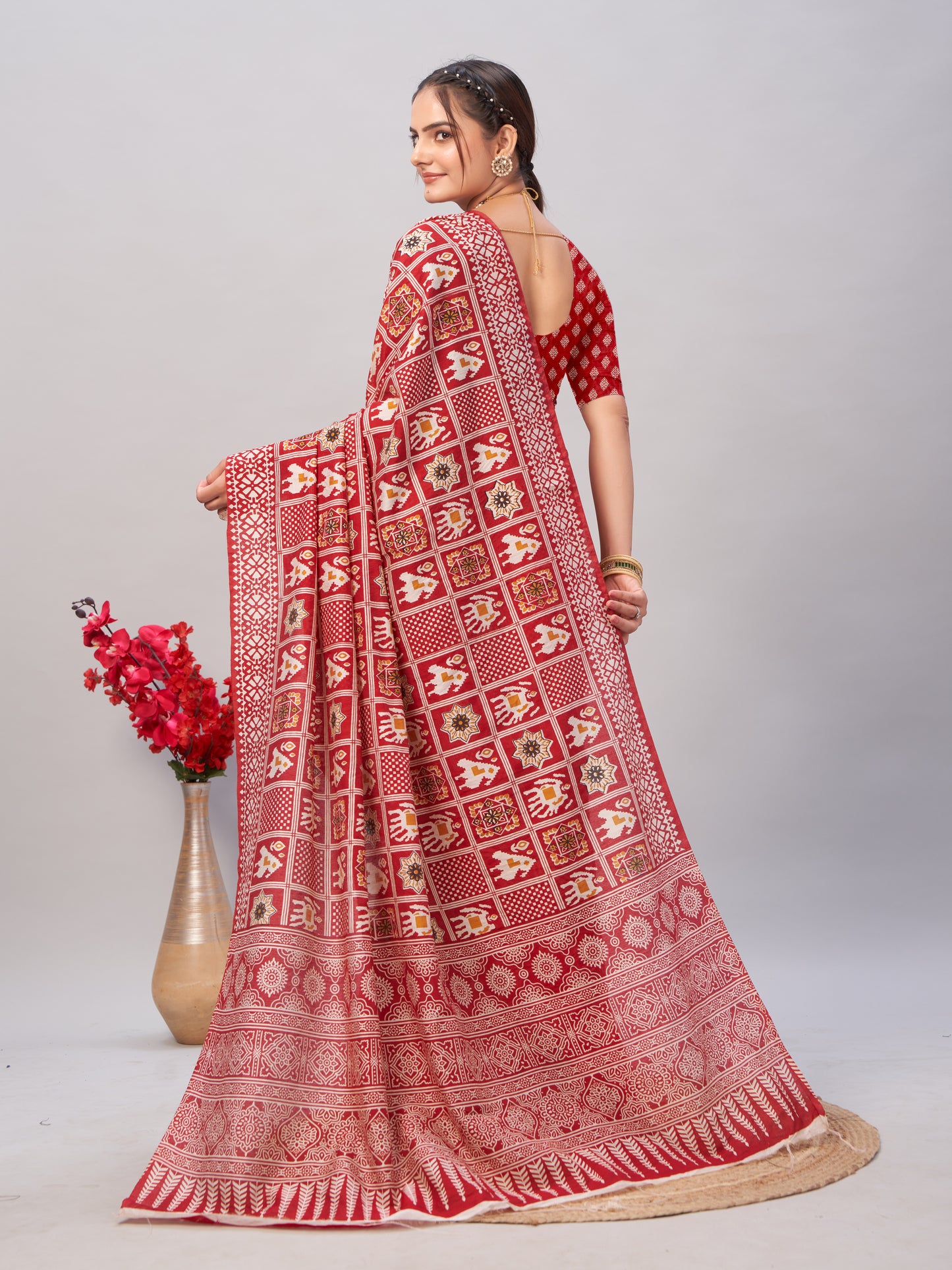 Saree – Soft Cotton Ajrakh Print Red (Different Motif) - D6