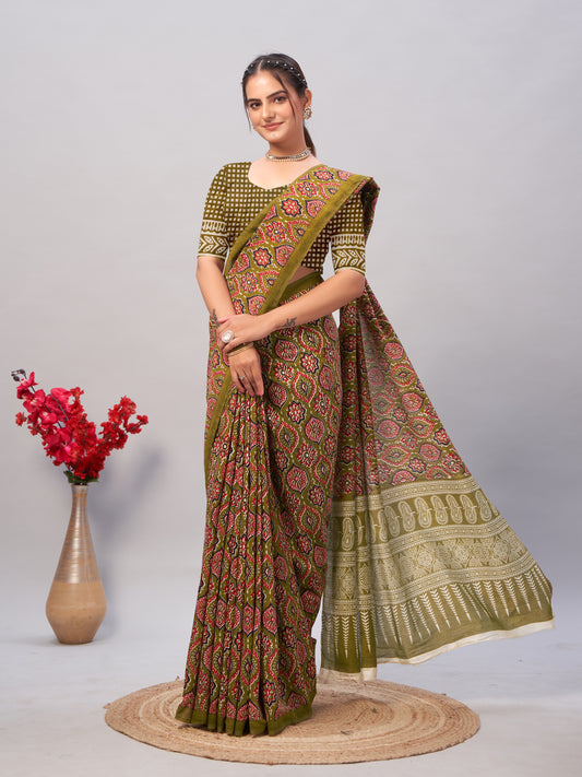 Saree – Soft Cotton Ajrakh Print Chutney Green - D9