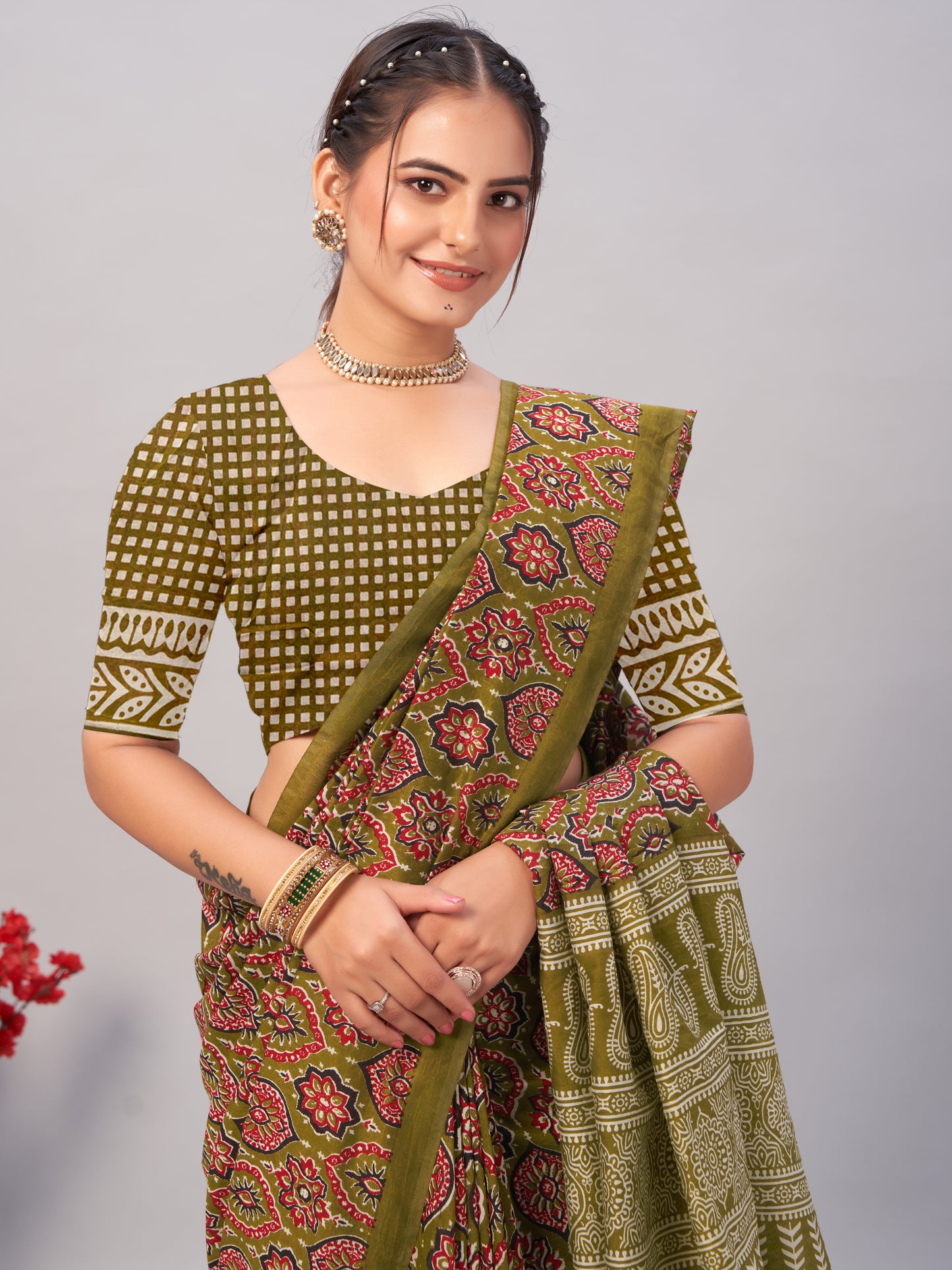 Saree – Soft Cotton Ajrakh Print Chutney Green - D9