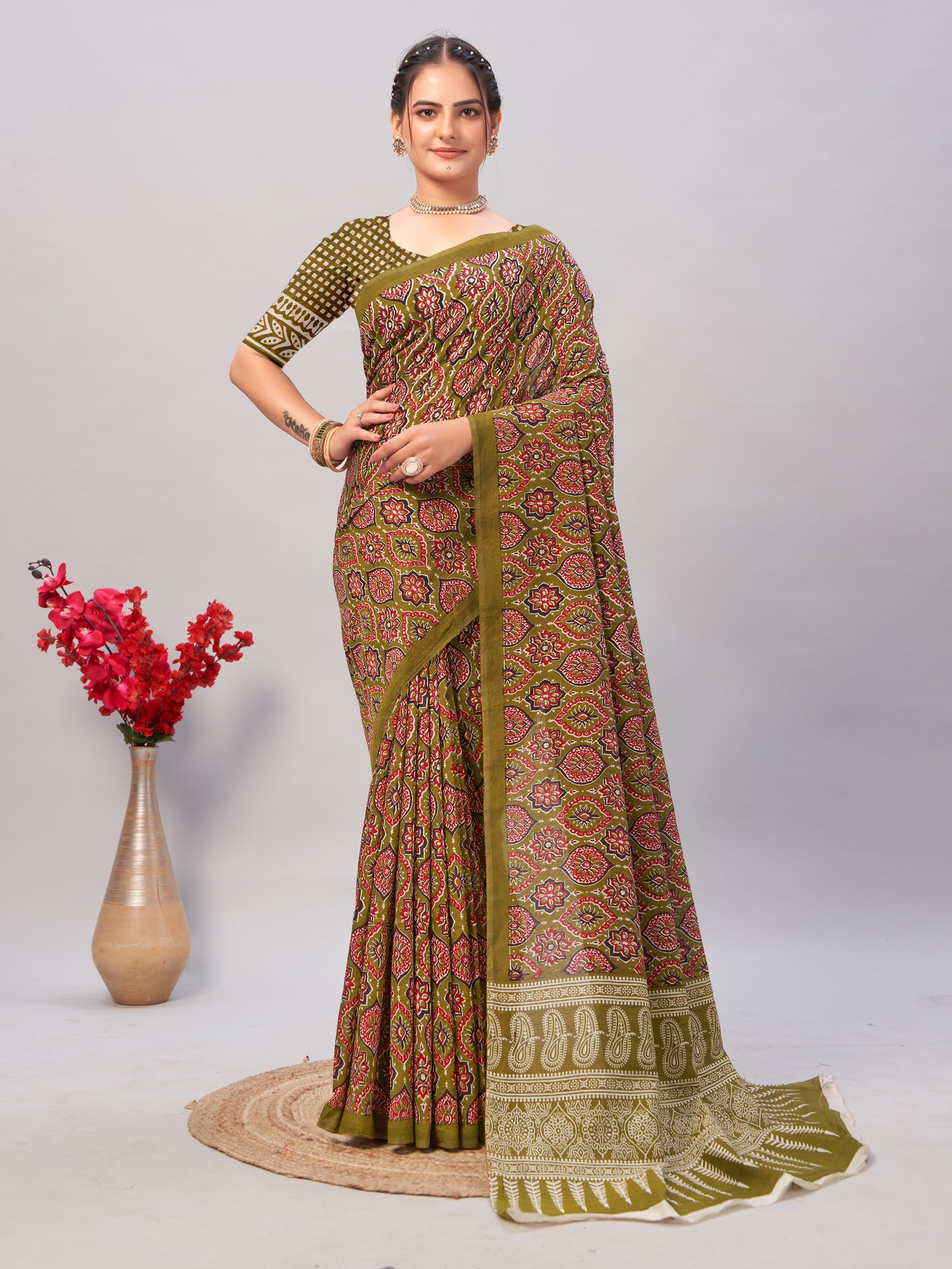 Saree – Soft Cotton Ajrakh Print Chutney Green - D9