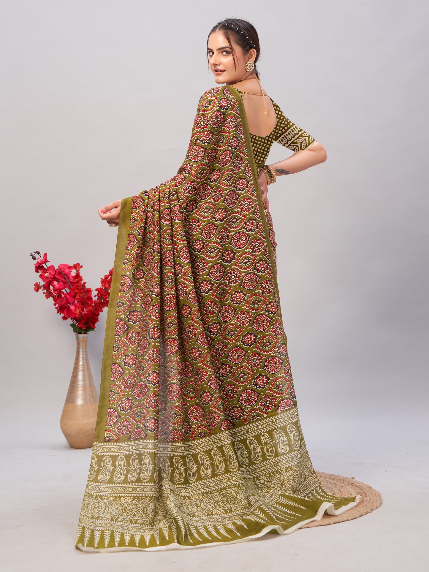Saree – Soft Cotton Ajrakh Print Chutney Green - D9