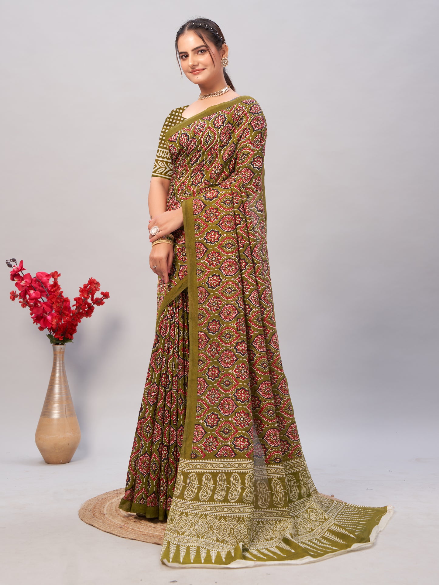 Saree – Soft Cotton Ajrakh Print Chutney Green - D9