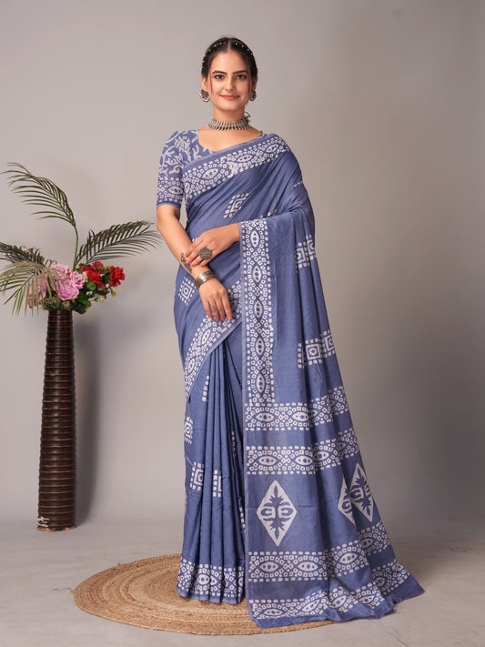 Saree – Soft Cotton Batik Print Box Grey - B10