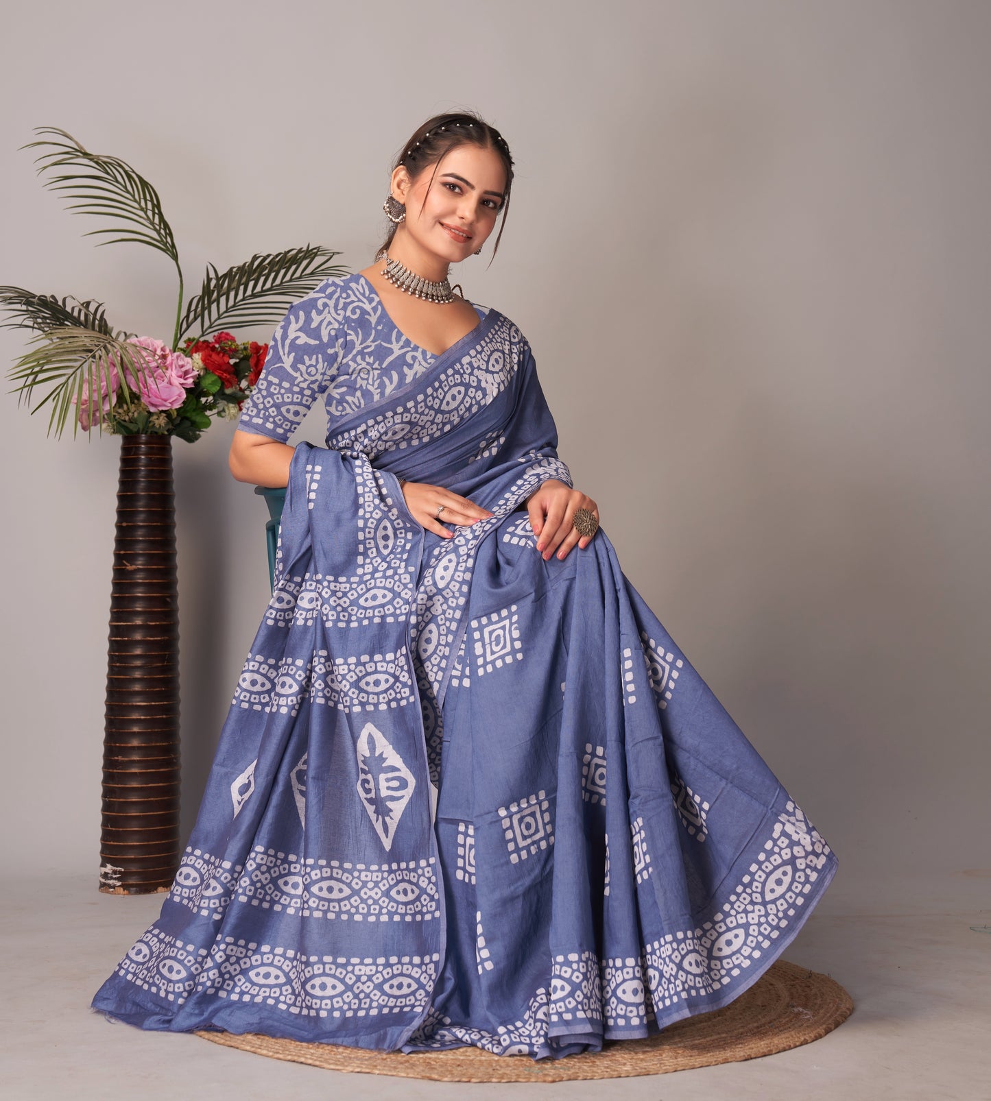 Saree – Soft Cotton Batik Print Box Grey - B10