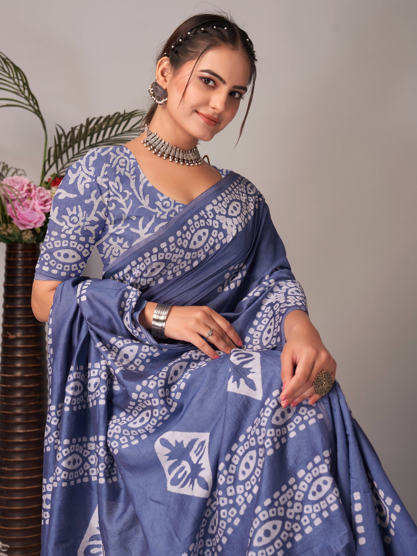 Saree – Soft Cotton Batik Print Box Grey - B10