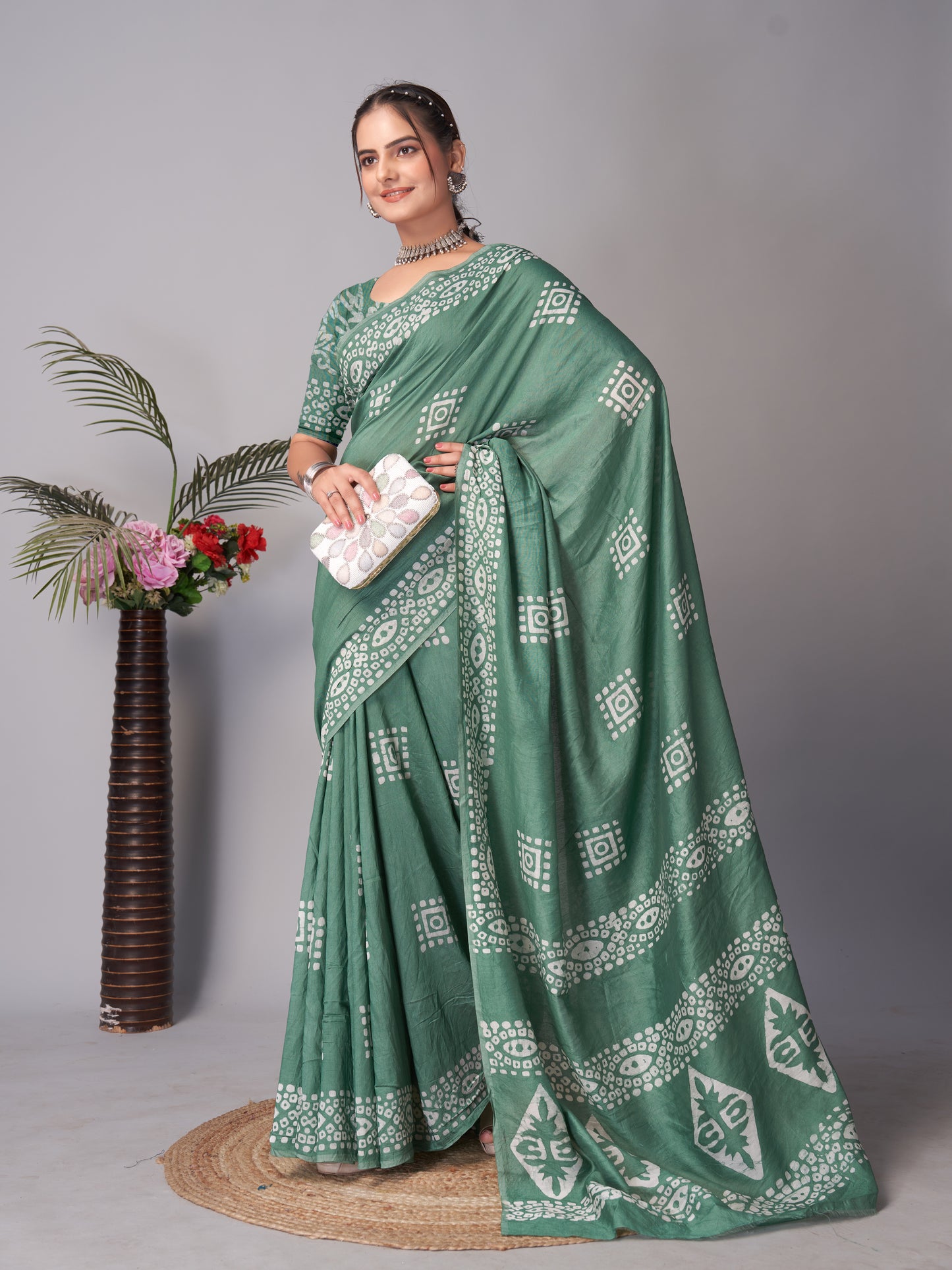 Saree – Soft Cotton Batik Print Box Green - B9