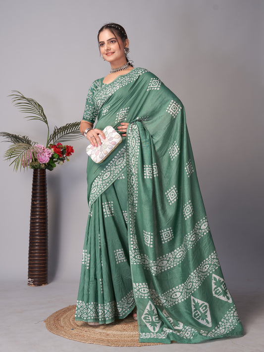Saree – Soft Cotton Batik Print Box Green - B9